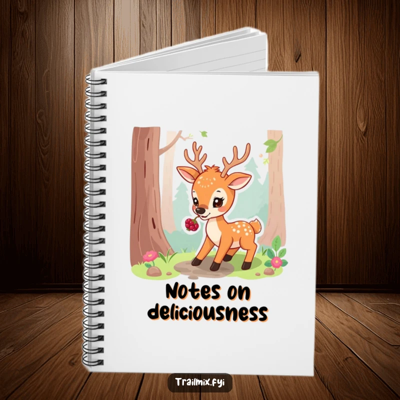 Funny notebook cover featuring a playful deer pausing on a forest path, nibbling a berry, ready for your notes.