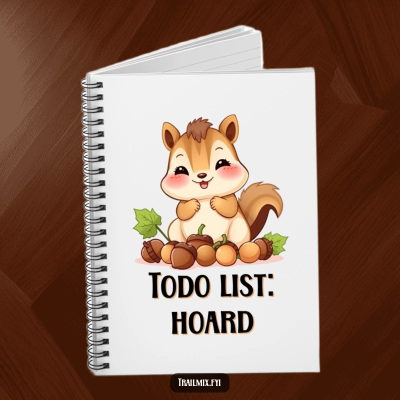 Funny notebook shows a chipmunk with full cheeks gathering acorns, inspiring notes with woodland charm and humor.