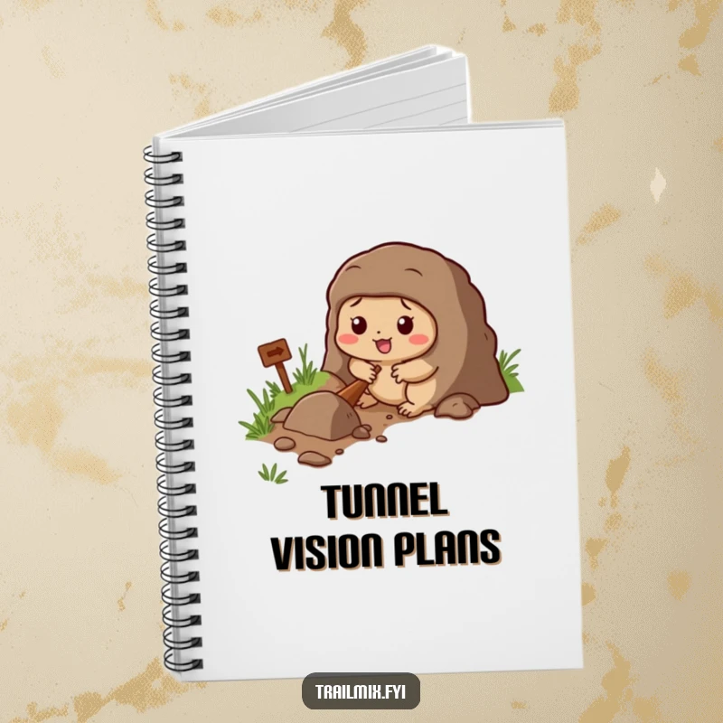 Funny notebook with a determined mole character digging a tunnel, ideal for capturing thoughts and ideas.