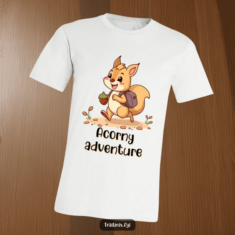 Funny t-shirt design of a happy squirrel bounding along a trail, carrying acorns like miniature backpacks, radiating joy.