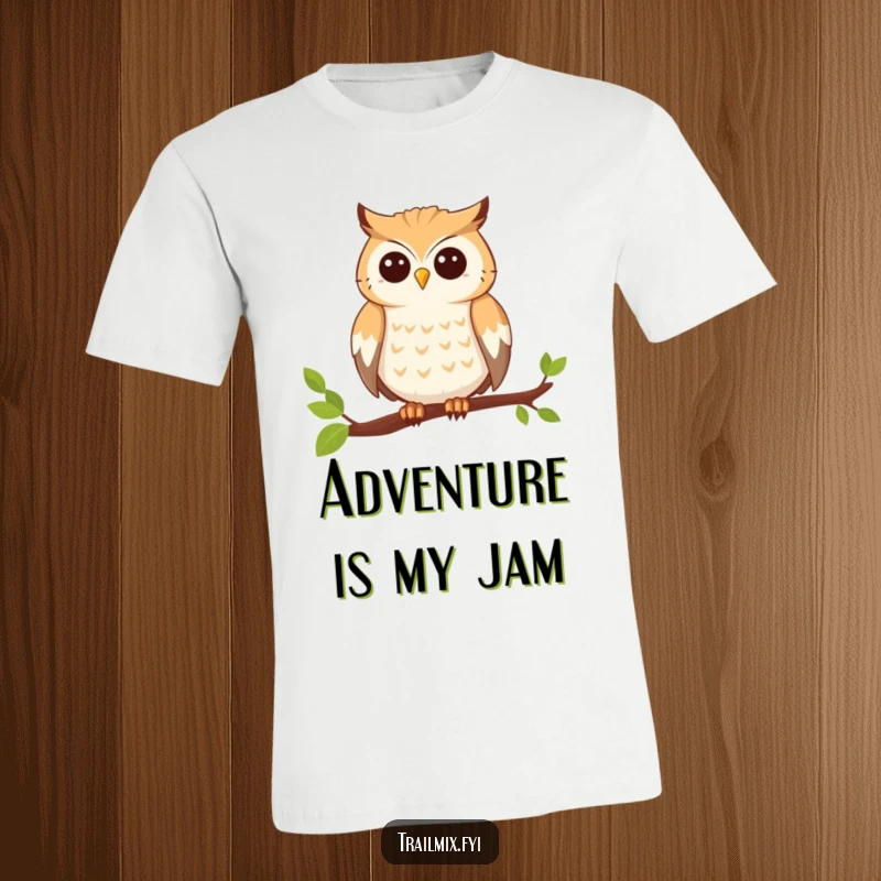 Funny t-shirt showcasing a smiling owl perched on a branch, looking eagerly into the distance, embodying readiness for adventure.