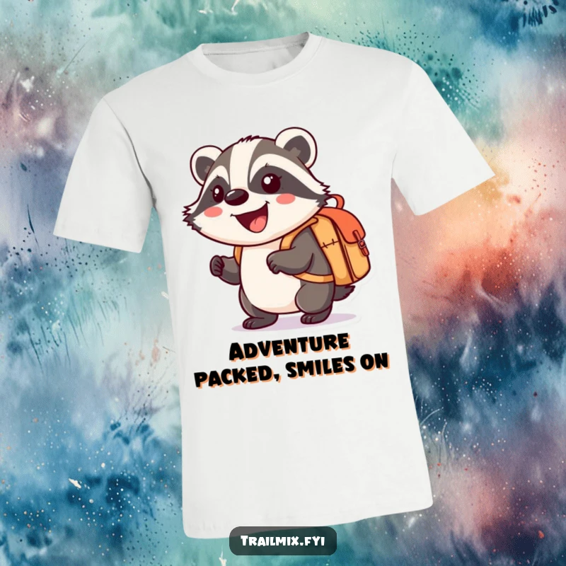 Funny t-shirt depicting a smiling cartoon badger carrying a small knapsack with enthusiasm, ready for exploration.