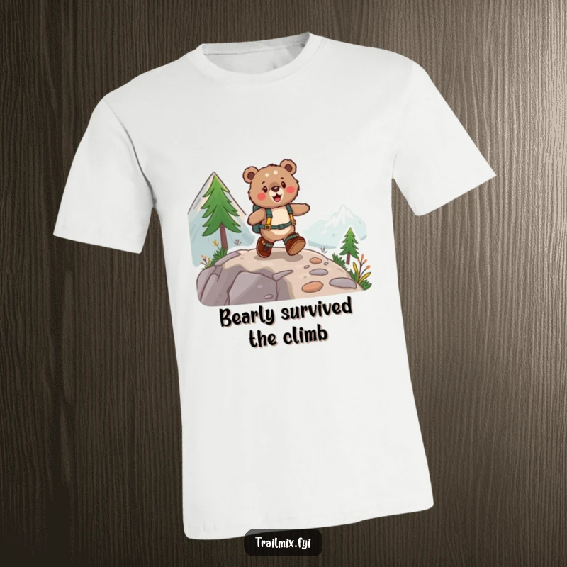 Funny t-shirt design of a fuzzy bear with hiking boots enthusiastically skipping up a mountain trail, radiating pure joy.