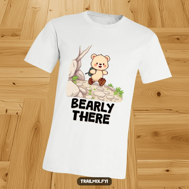 Funny bear cub t-shirt, happily skipping in hiking boots on a rocky trail, radiating pure outdoor joy.