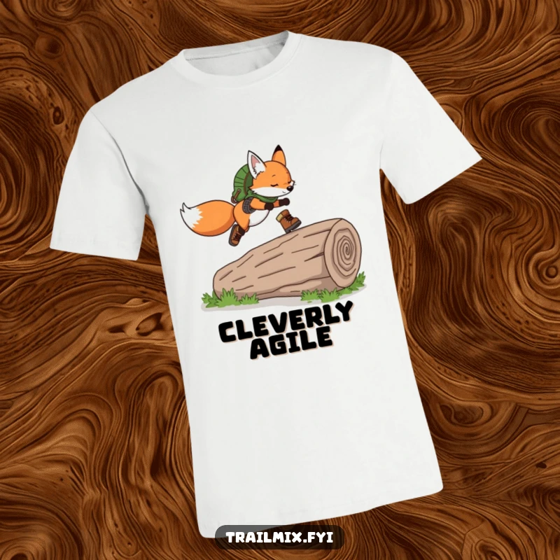 Funny Fox T-Shirt: Animated fox wearing hiking boots gracefully leaping over a fallen log, showcasing agility and outdoor fun.