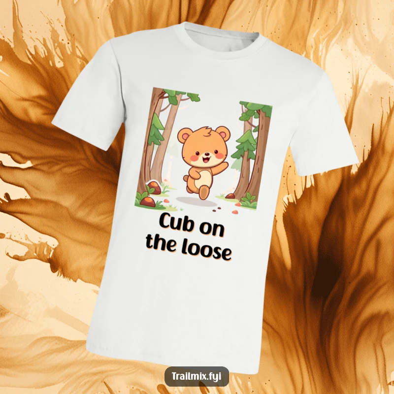 Funny bear cub t-shirt depicting a delighted bear cub skipping gleefully along a forest path, a vision of pure woodland happiness.