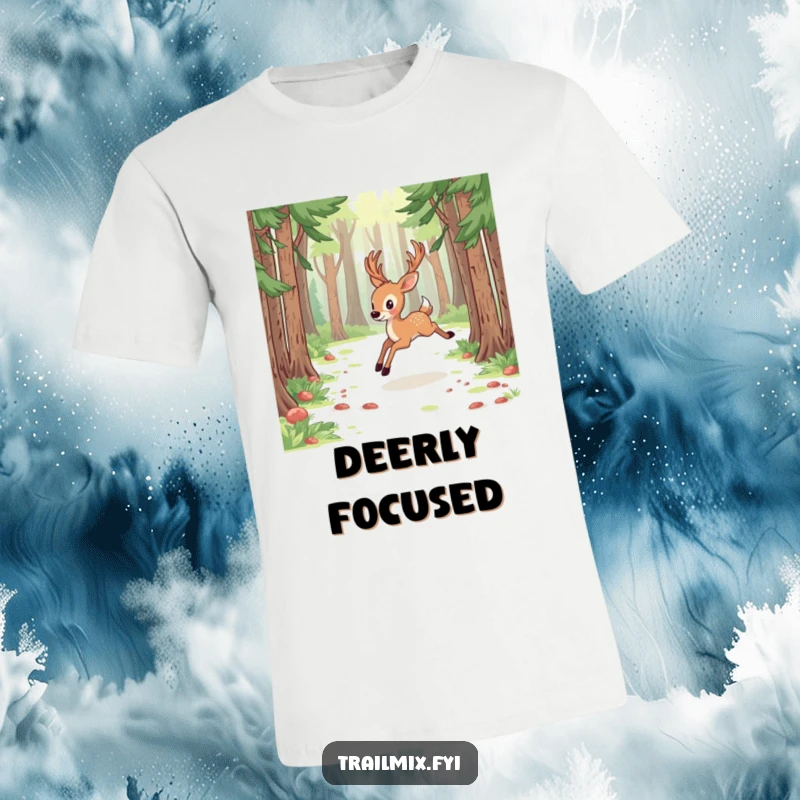 Funny deer t-shirt, energetically bounding through a forest clearing, capturing the essence of wild freedom and grace.