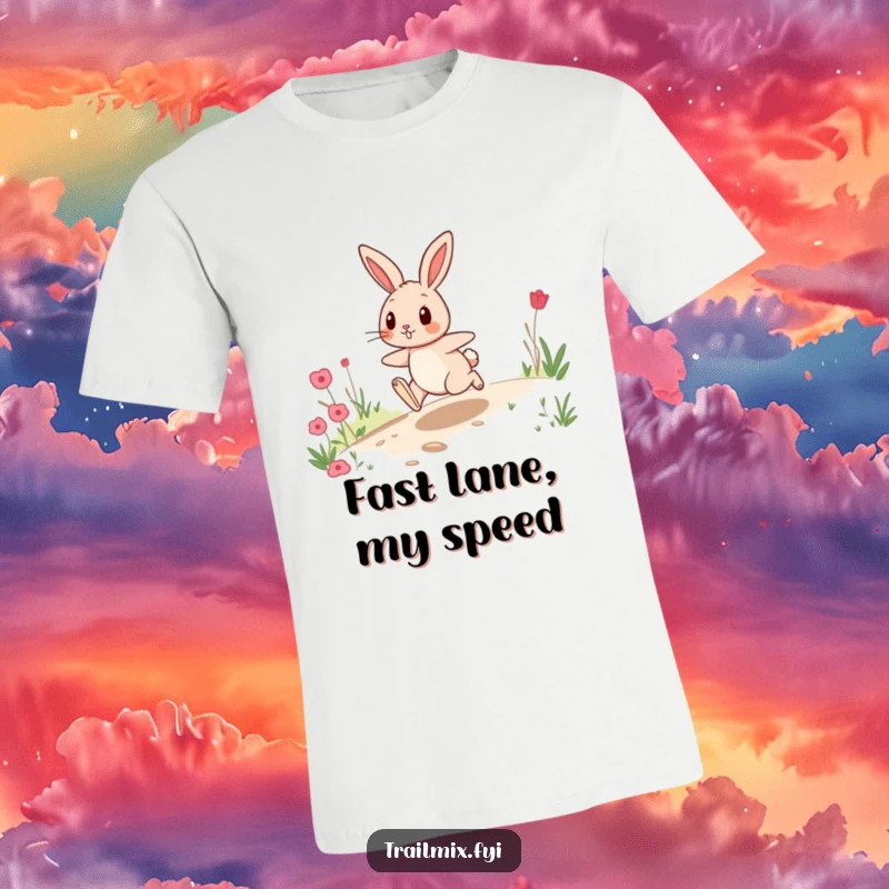 Funny T-shirt with a playful rabbit hopping with immense energy down a winding trail, conveying zest and activity.