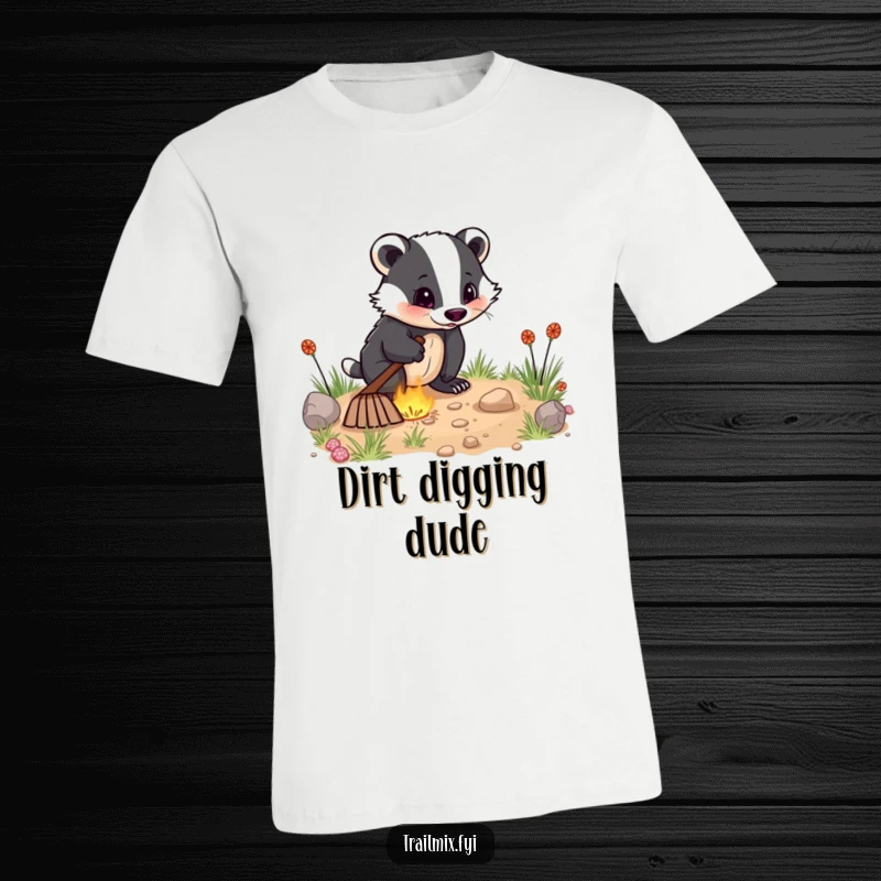 Funny t-shirt depicts an energetic badger digging with enthusiasm, capturing the spirit of hard work and humorous pursuit.