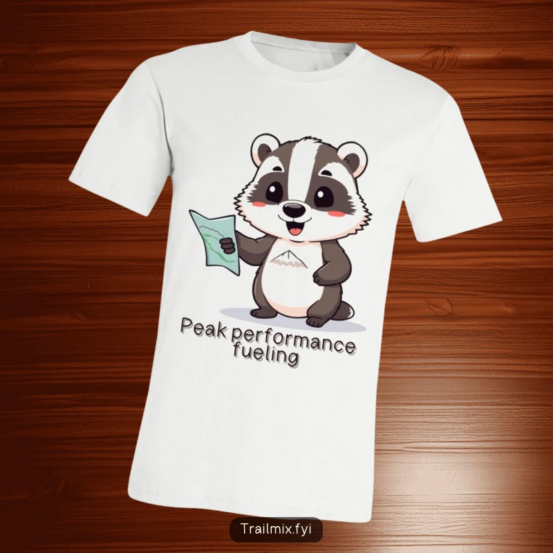 Funny t-shirt: a determined badger holding a map, comically pointing towards a distant peak, embodying adventurous and humorous exploration.