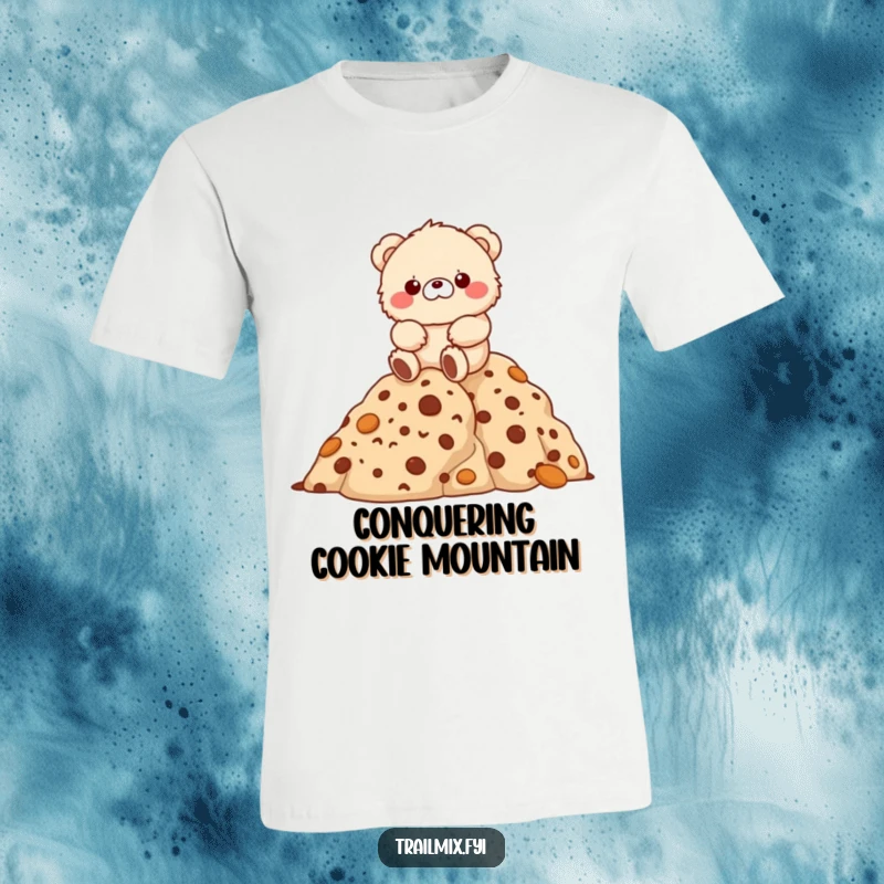 Funny fluffy bear character joyfully hiking up a mountain of cookies on a t-shirt.