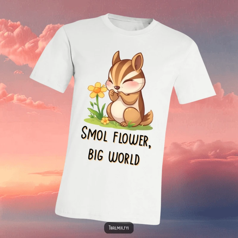 Funny Chipmunk T-Shirt: A curious chipmunk is shown closely examining a colorful wildflower, highlighting a moment of discovery.