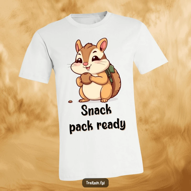 Funny t-shirt of a cheerful chipmunk stuffing its cheeks with nuts, ready for a hike, showcasing preparedness and outdoor fun.