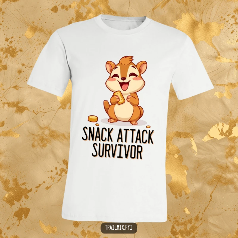 Funny t-shirt featuring a joyful chipmunk character happily munching on a snack along a trail.