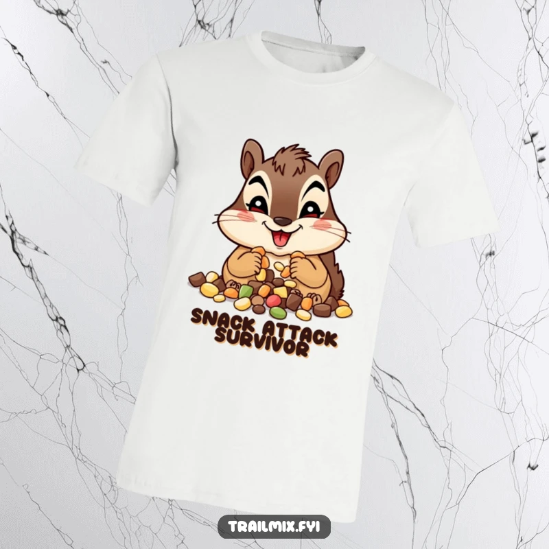 Funny chipmunk t-shirt, happily munching on a pile of trail mix with a big goofy grin, conveying pure snack delight.