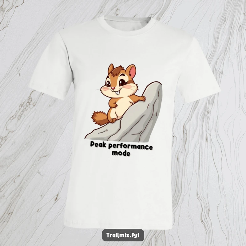 Funny t-shirt depicting a smiling chipmunk with a determined expression, scaling a rock with admirable grit.