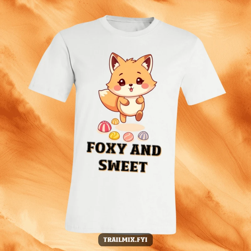 Funny fluffy fox playfully skipping on a colorful candy trail, printed on a soft and humorous t-shirt.