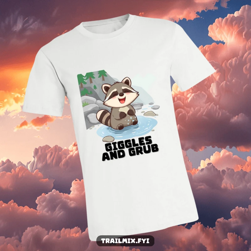 Funny Raccoon T-Shirt showing a delighted raccoon pausing its mischief to gleefully wash paws in a clear stream, a symbol of simple joys.