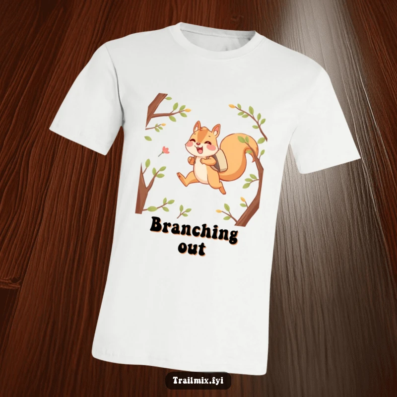 Funny t-shirt with a happy squirrel character joyfully leaping between branches with a backpack, looking energetic and ready to roam.