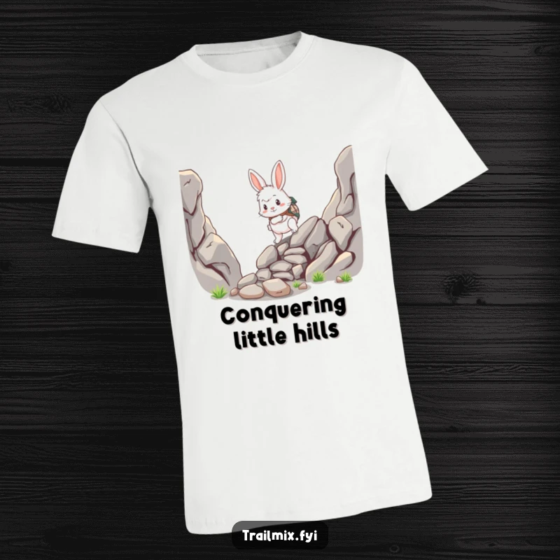 Funny rabbit t-shirt, fluffy adventurer scrambling up a rocky path, determined expression, humorous apparel.