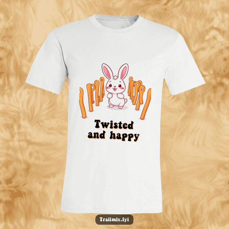Funny smiling rabbit character happily navigating a maze of pretzel sticks on a t-shirt.