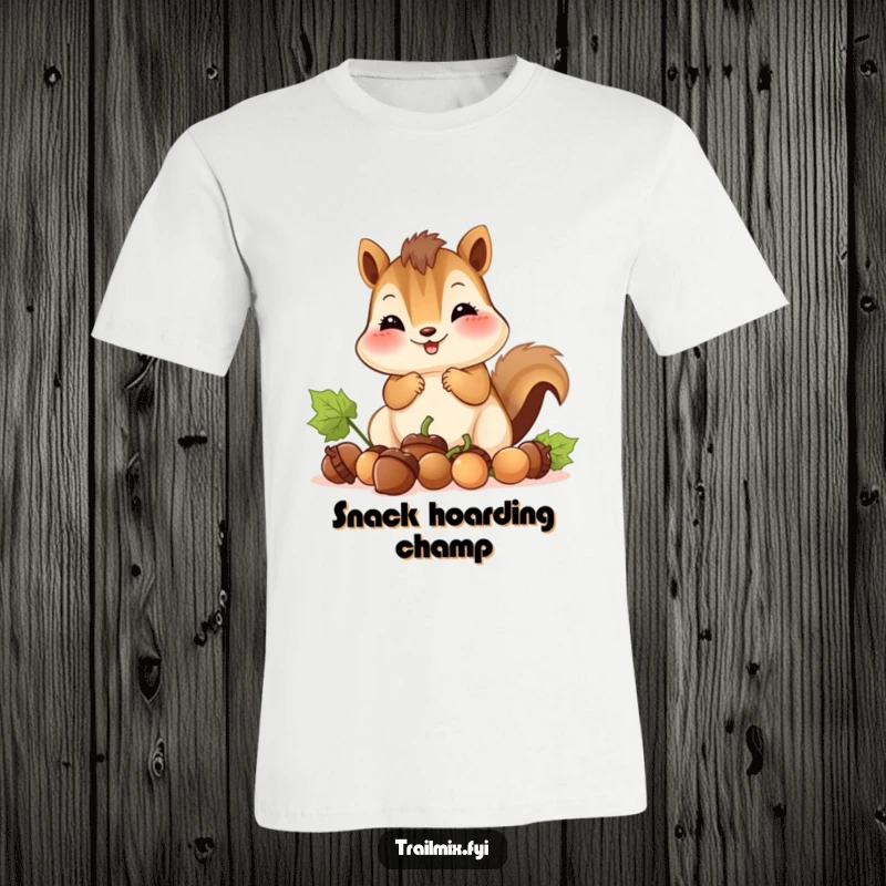 Funny t-shirt features a smiling chipmunk with incredibly full cheeks, busy collecting acorns, radiating industrious charm.