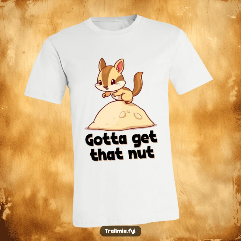 Funny chipmunk t-shirt with a playful yet determined character scurrying energetically up a small hill, perfect for outdoor adventures.