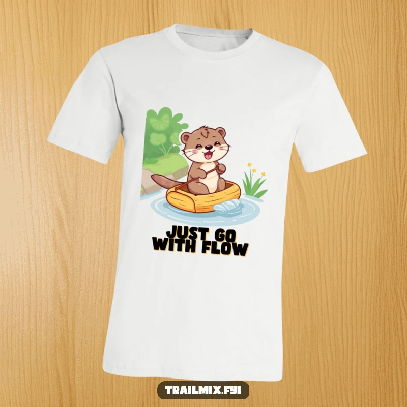 Funny t-shirt depicts a happy otter expertly paddling a small raft across a river, expressing pure fun and travel.