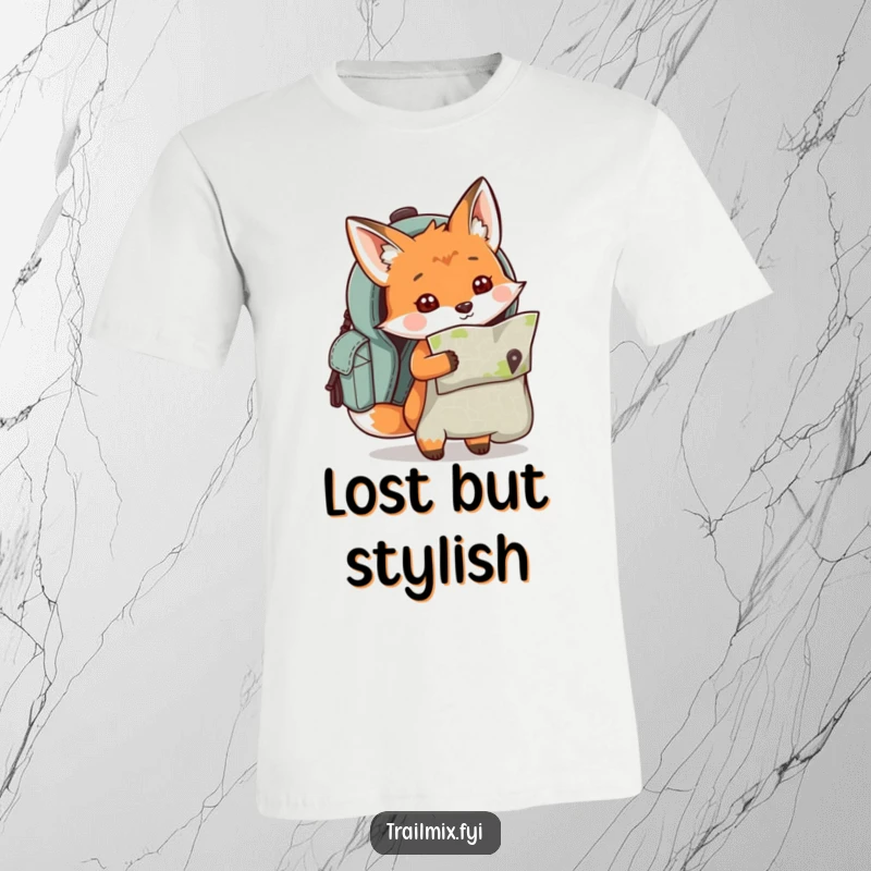 Funny curious fox character peeking out of a backpack holding a map, printed on a comfortable t-shirt.