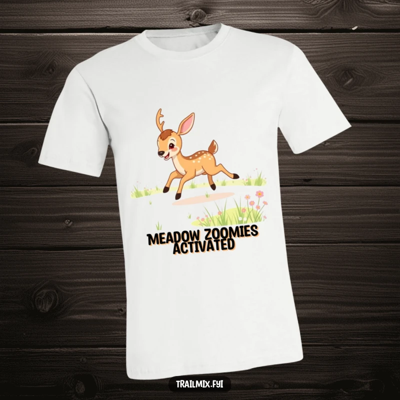 Funny t-shirt showcasing a joyful deer leaping energetically across a vibrant meadow, a playful and happy scene perfect for a funny gift.