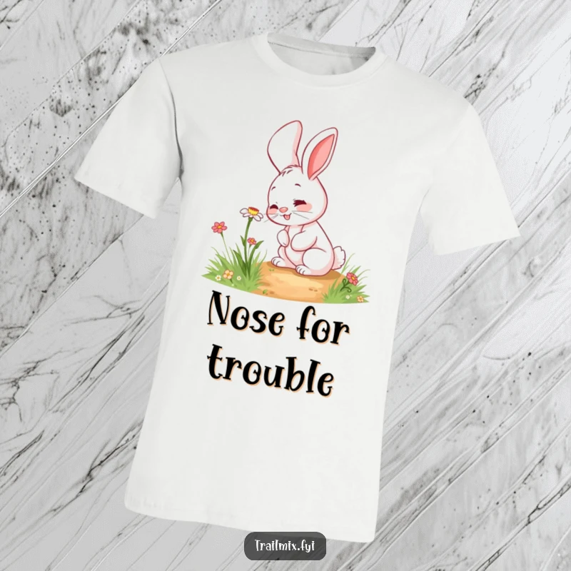 Funny rabbit t-shirt with a giggling character curiously sniffing a wildflower on a path, perfect for nature lovers.