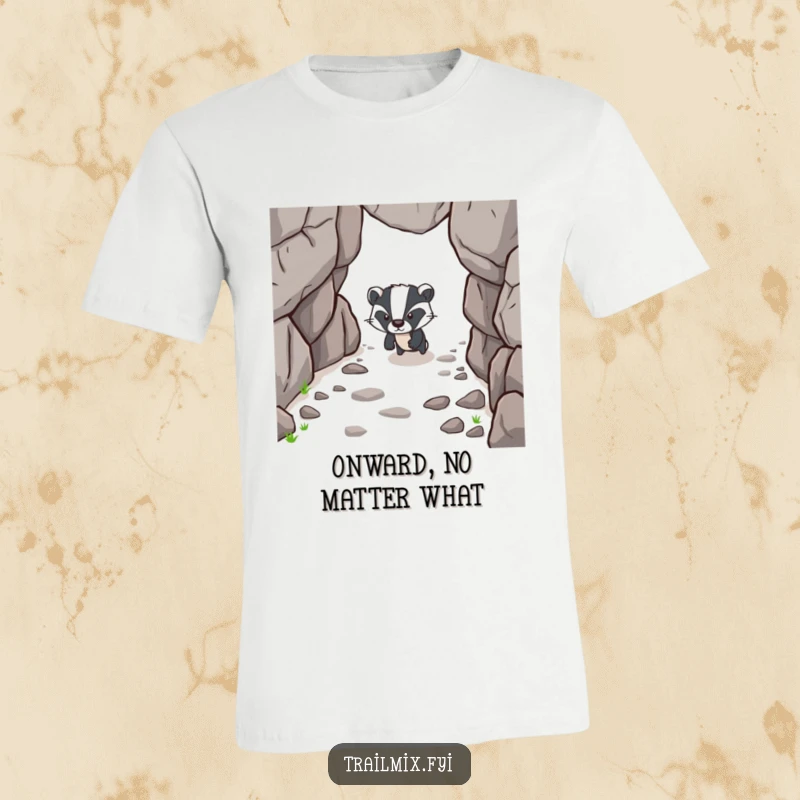 Funny t-shirt showcasing a determined badger character forging ahead on a rocky path, symbolizing perseverance and a go-getter attitude.