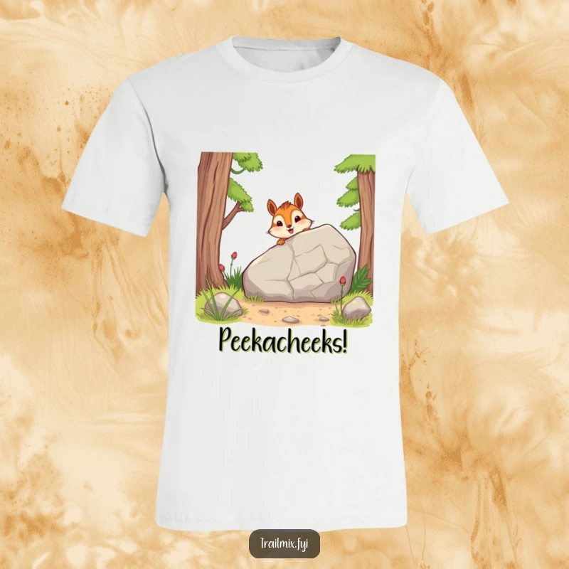 Funny t-shirt depicts a cheerful chipmunk peeking from behind a rock, embodying the playful spirit of hiking and woodland adventures.