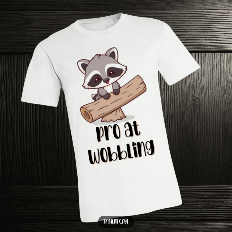 Funny t-shirt depicting a playful cartoon raccoon struggling to balance on a log, embodying comical effort.