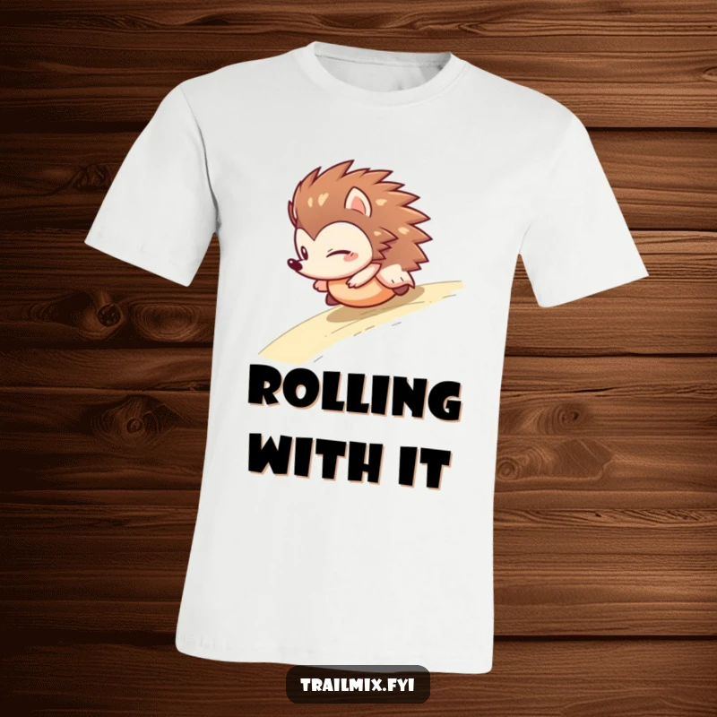 Funny hedgehog t-shirt with a determined character rolling down a slope like a ball, showcasing a humorous and energetic pursuit of fun.