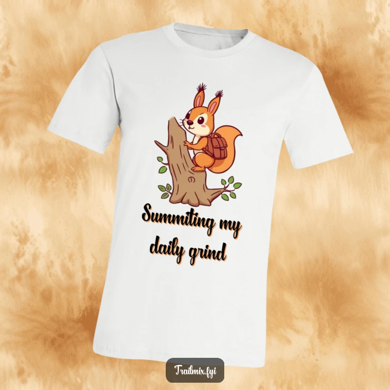 Funny determined squirrel with a backpack climbing a stylized tree, hilarious t-shirt design for adventurers.