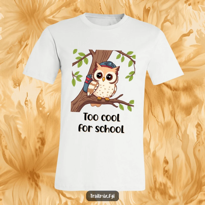 Funny t-shirt featuring an inquisitive owl dressed as a hiker, surveying the landscape from a tree branch.