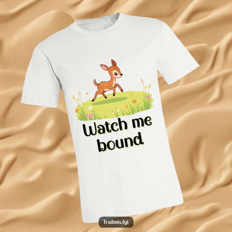 Funny t-shirt featuring a lively deer joyfully bounding through a meadow, capturing a sense of playful motion.