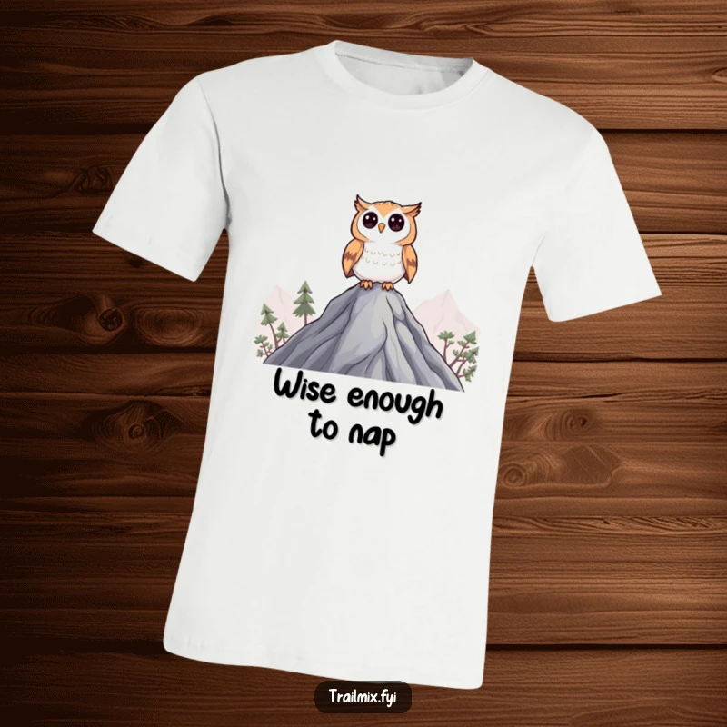 Funny Curious Owl T-Shirt: A curious owl character perched on a peak, observing everything below.