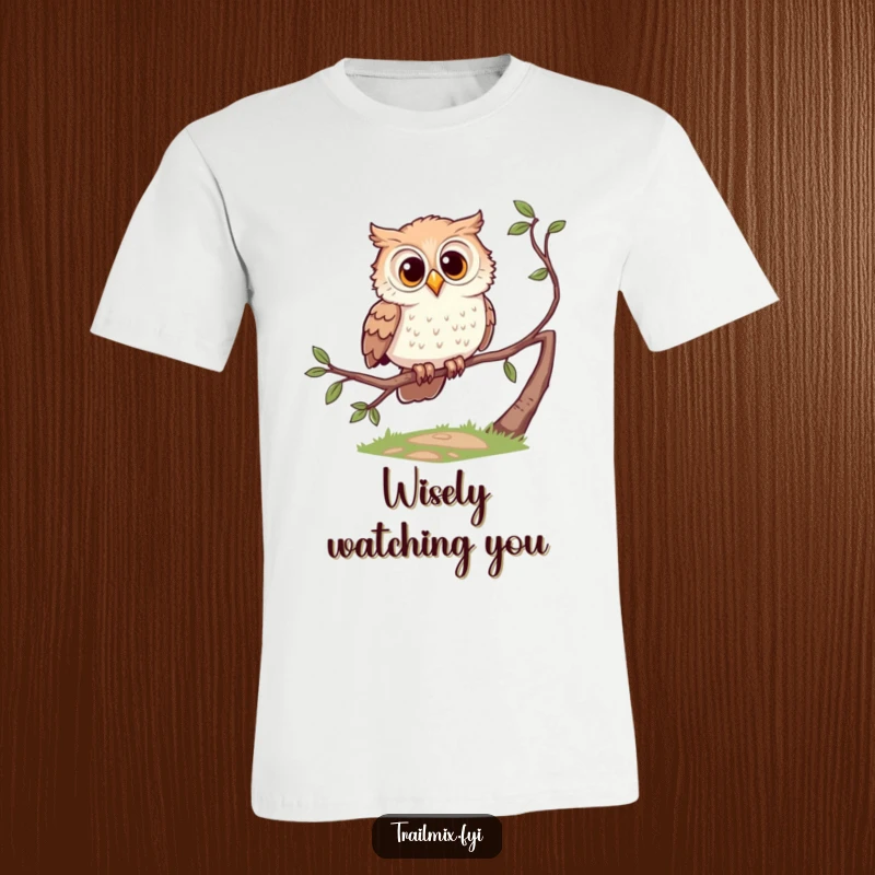 Funny t-shirt featuring a curious owl character perched on a branch, looking inquisitively down a path.