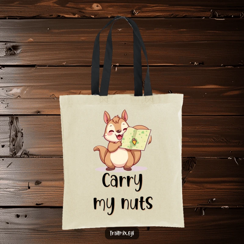 Funny squirrel tote bag, cheerfully holding a tiny map aloft, ideal for carrying supplies on any expedition.