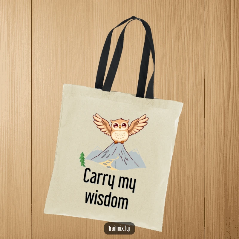 Funny Owl Tote Bag: A happy owl is soaring high above a winding mountain trail, ready to carry your essentials.