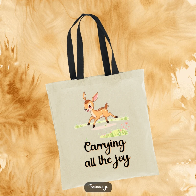Funny tote bag depicting a happy deer joyfully leaping across a lush meadow, ideal for carrying goods with a funny, cheerful vibe.