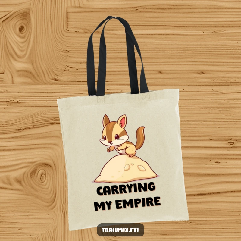 Funny chipmunk tote bag with a determined character scaling a small hill, ideal for carrying daily items with a humorous touch.