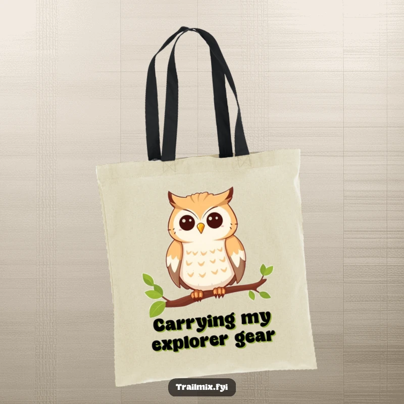 Funny tote bag featuring a smiling owl perched on a branch, ready for adventure, combining style and practicality.