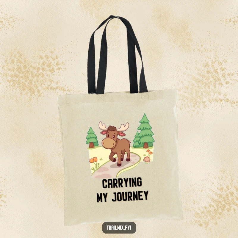 Funny moose tote bag, illustrated ambling along a winding path, ideal for carrying essentials with a touch of nature.