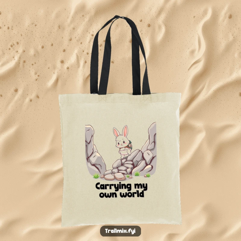 Funny rabbit tote bag, fluffy adventurer scrambling up a rocky path, durable and stylish, humorous carryall.