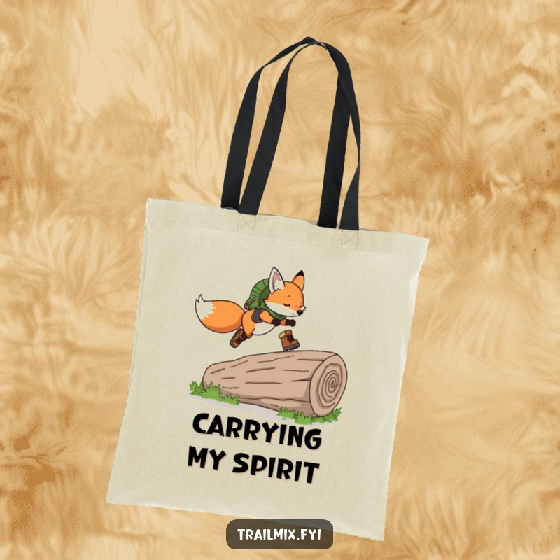 Funny Fox Tote Bag: Tote bag with a playful fox wearing hiking boots, gracefully leaping over a fallen log, ready for any trail.