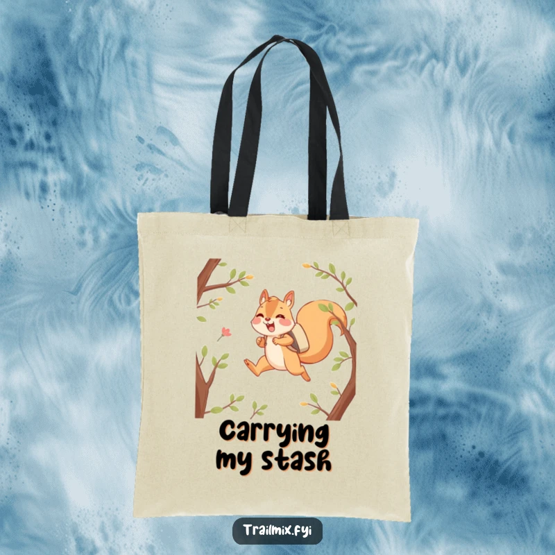 Funny tote bag showing a happy squirrel character joyfully leaping between branches with a backpack, perfect for carrying essentials and adventure.