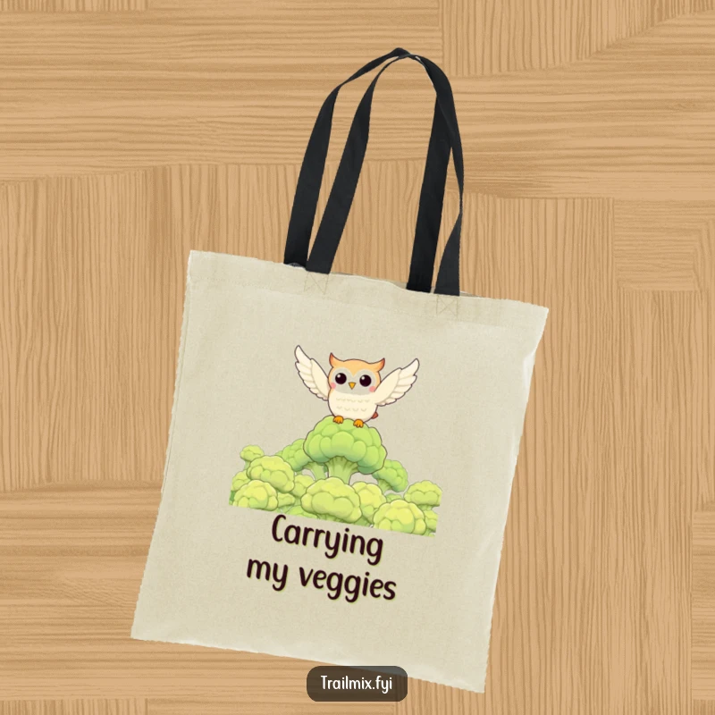 Funny owl character soaring above a broccoli forest, printed on a durable tote bag, a funny and practical gift.